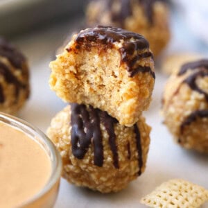 Crunchy no bake peanut butter balls stacked