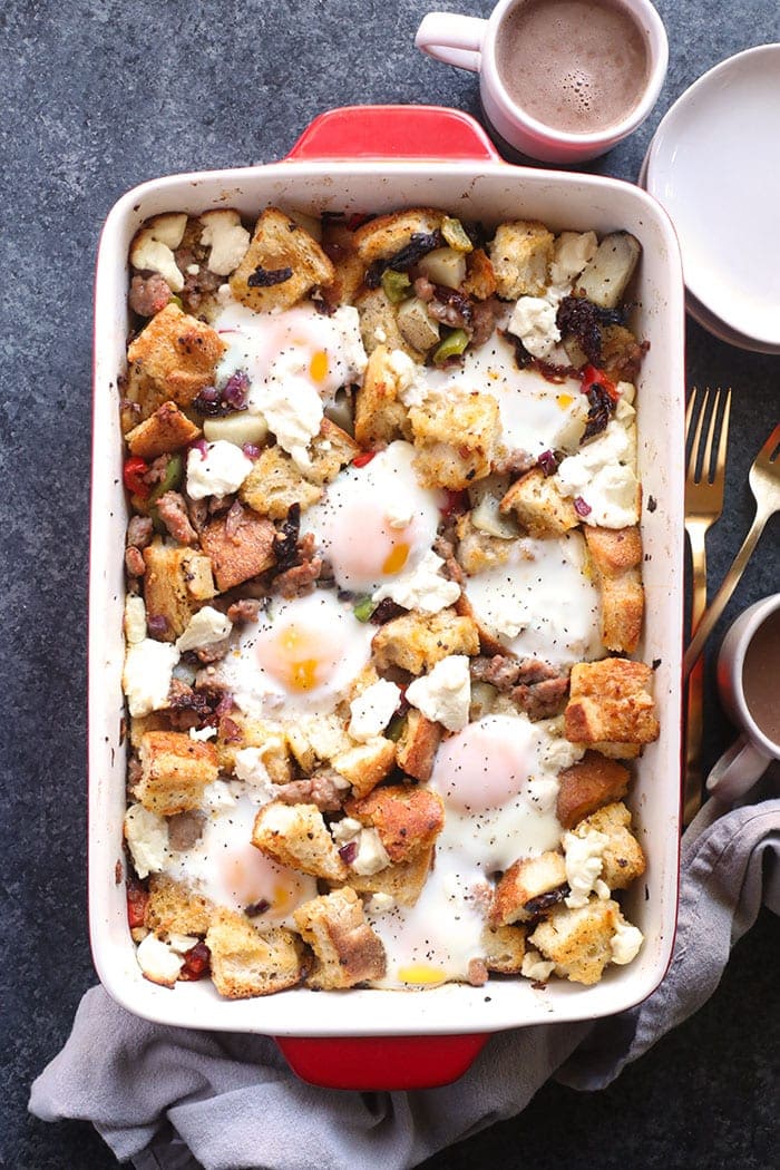 Finished spicy italian sausage casserole in a baking dish