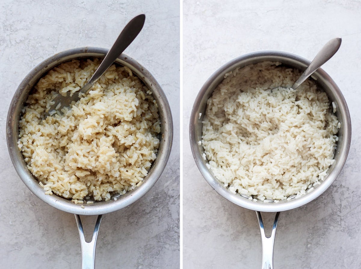 Brown Rice and White Rice in a pot.