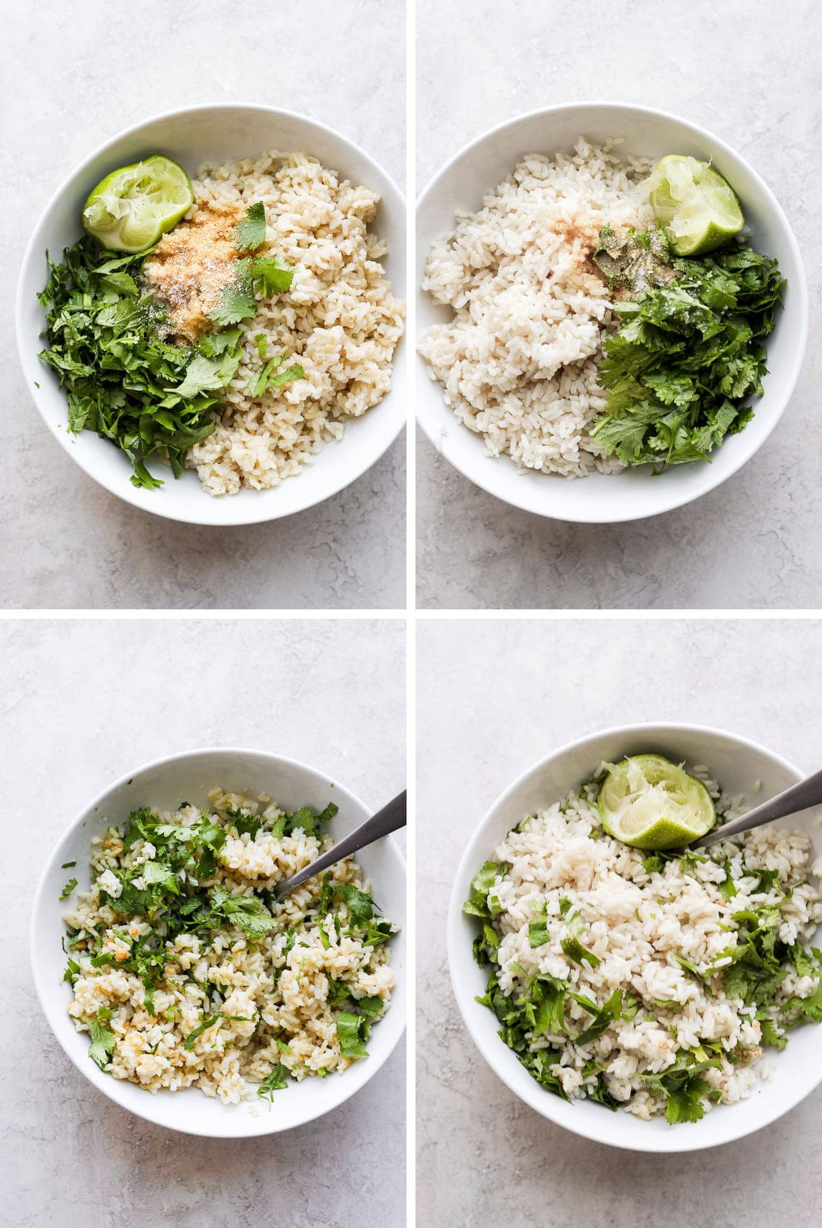 Every step for making cilantro lime rice in bowls.