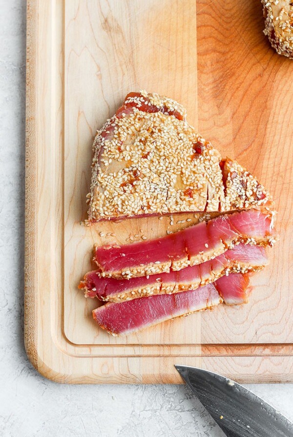 seared ahi tuna on a cutting board