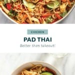 Chicken pad Thai in a pan and in a bowl.