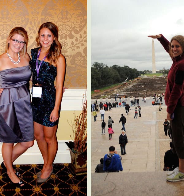 two pictures of women posing in front of a monument.