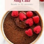 chocolate mug cake topped with raspberries and chocolate frosting