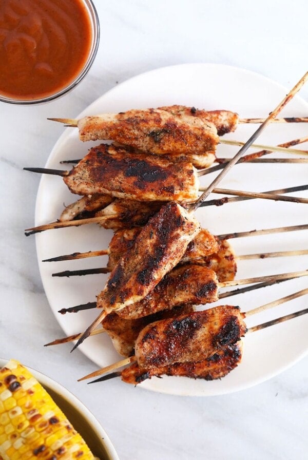 Chicken skewers on a plate