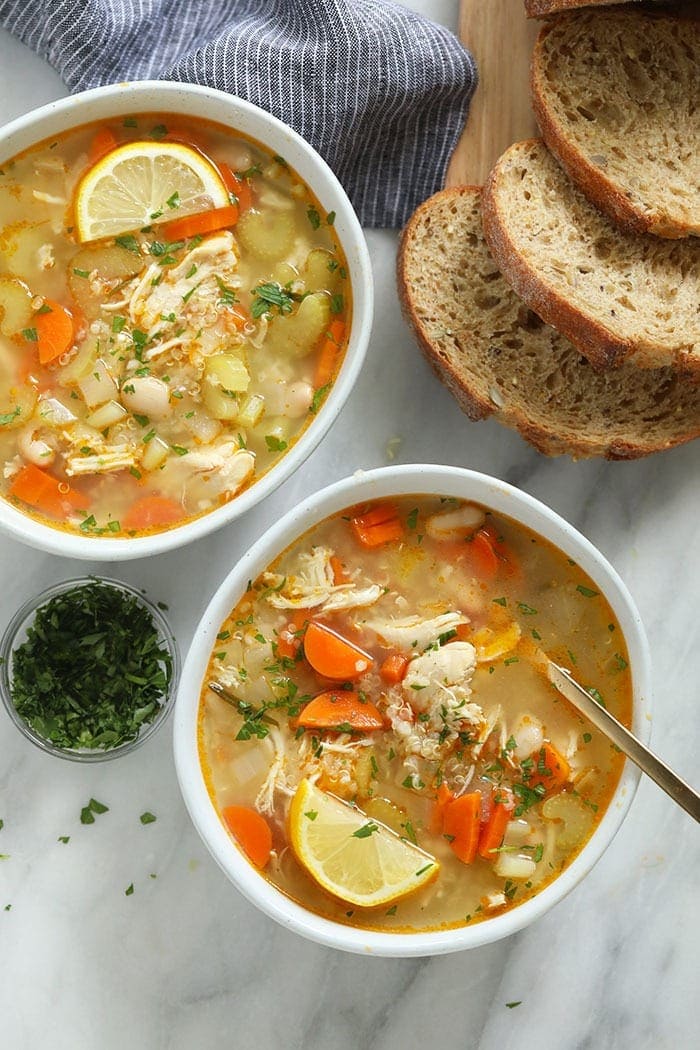 Chicken quinoa soup in bowls