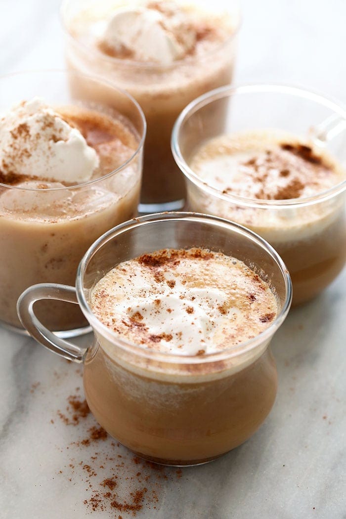 chai tea latte in a glass mug