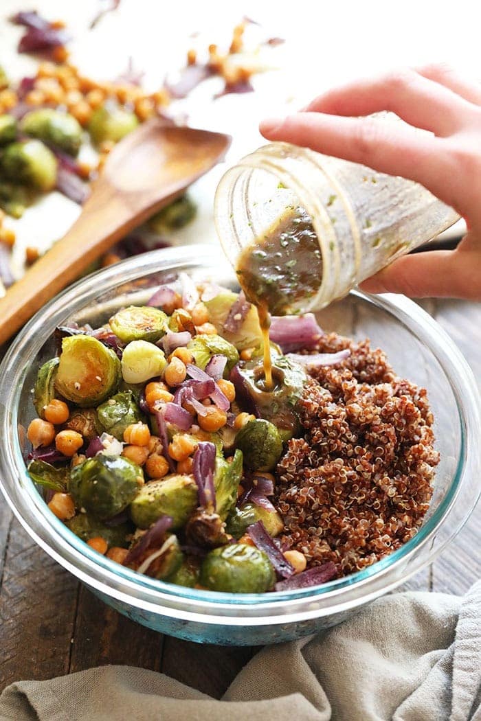 pour dressing into salad