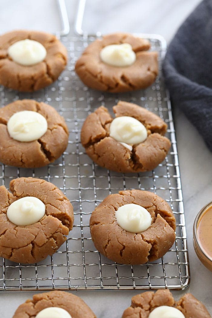 Finished no bake thumbprint cookies on a grate 