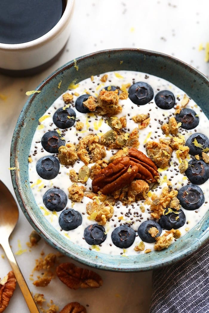 This chia yogurt bowl is packed with fiber, low in sugar, and is the perfect breakfast to fuel you for the day!