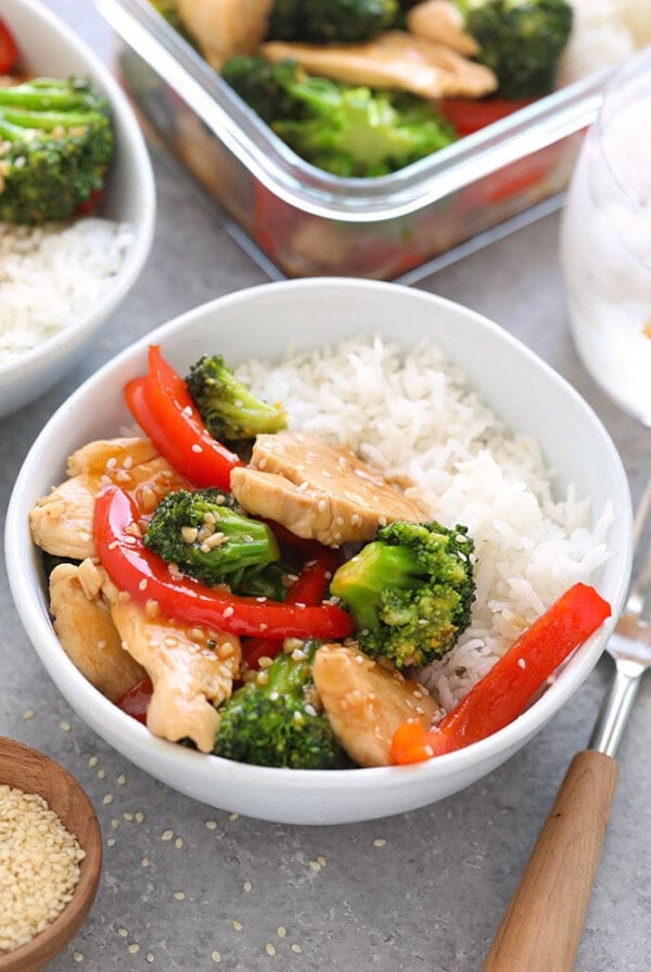 chicken and broccoli stir fry in a bowl