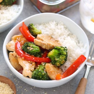 chicken and broccoli stir fry in a bowl