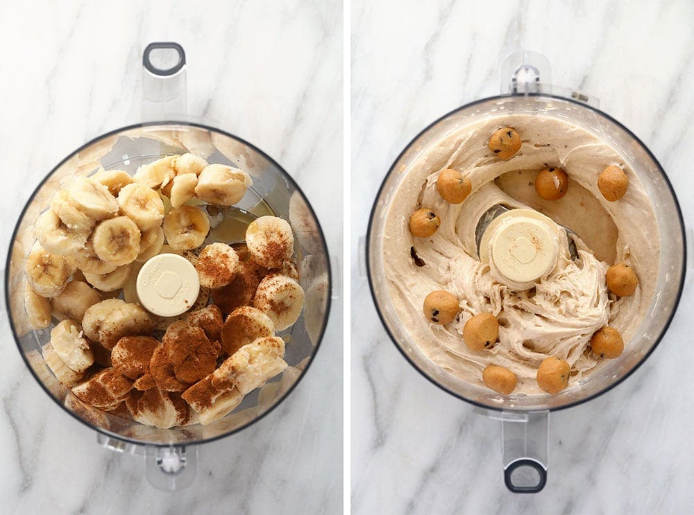 Ingredients for the cookie dough banana softer serve in a food processor