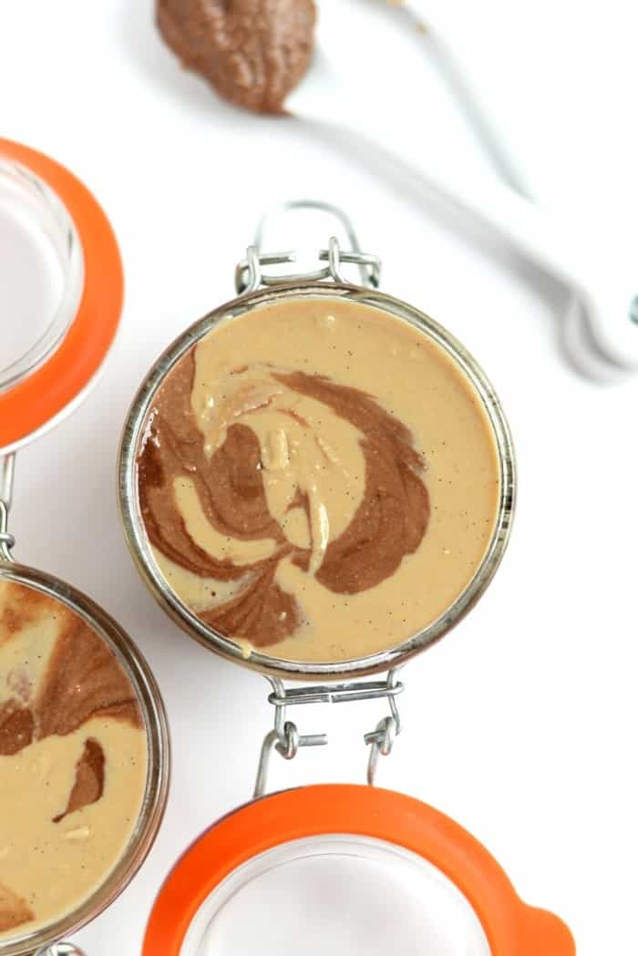 Chocolate Vanilla Swirl Cashew Butter  in a jar. 