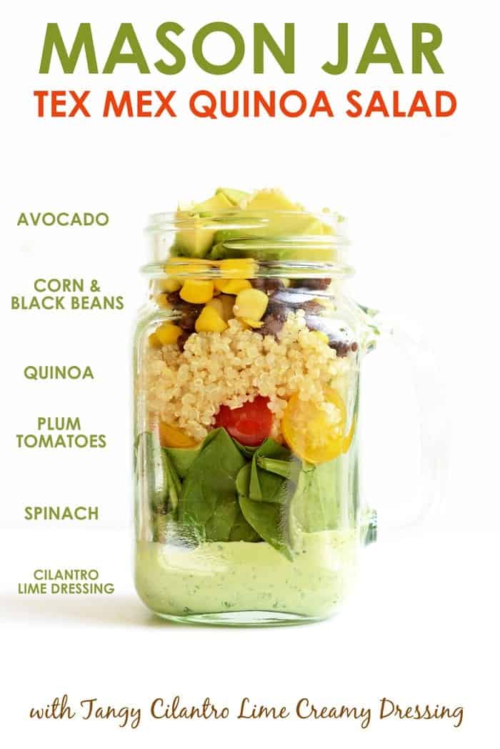 Mason jar salad ingredients layered in a mason jar. 