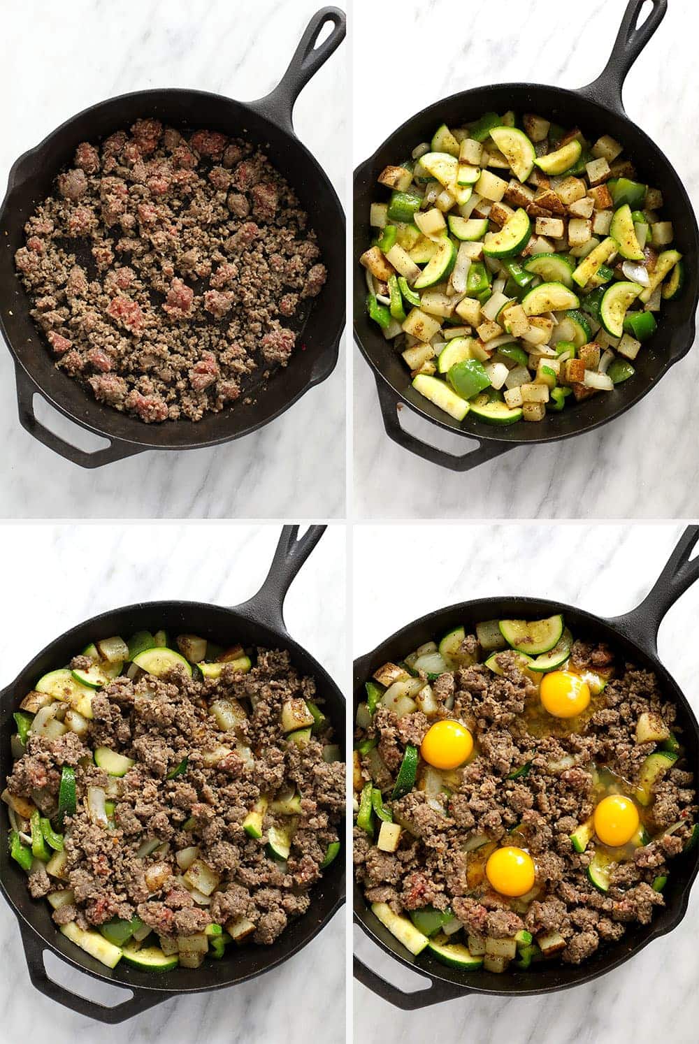 garden breakfast hash ingredients in a cast iron skillet