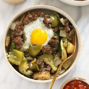 garden breakfast skillet ready to be eaten in a bowl