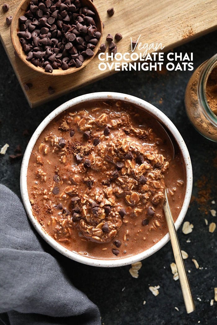 chocolate chai vegan overnight oats in a bowl