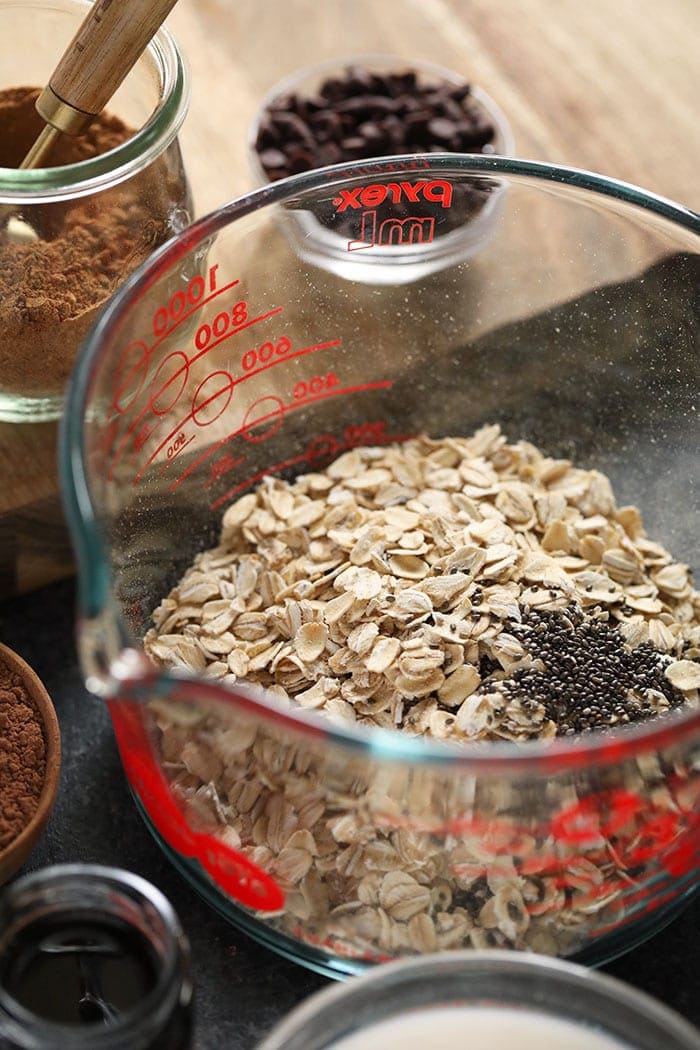 oats and chia seeds in a mixing bowl