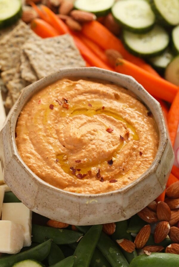 roasted red pepper hummus in a bowl