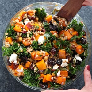 Farro salad in a bowl.