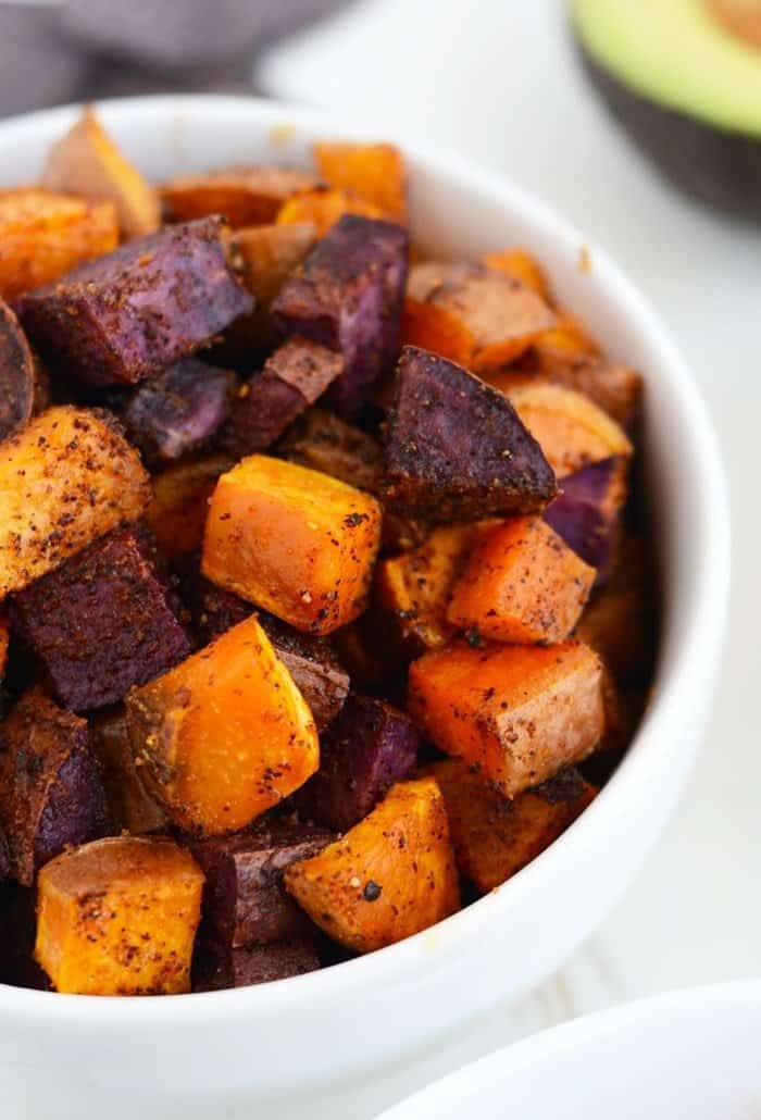 roasted sweet potatoes for crockpot chicken taco bowls