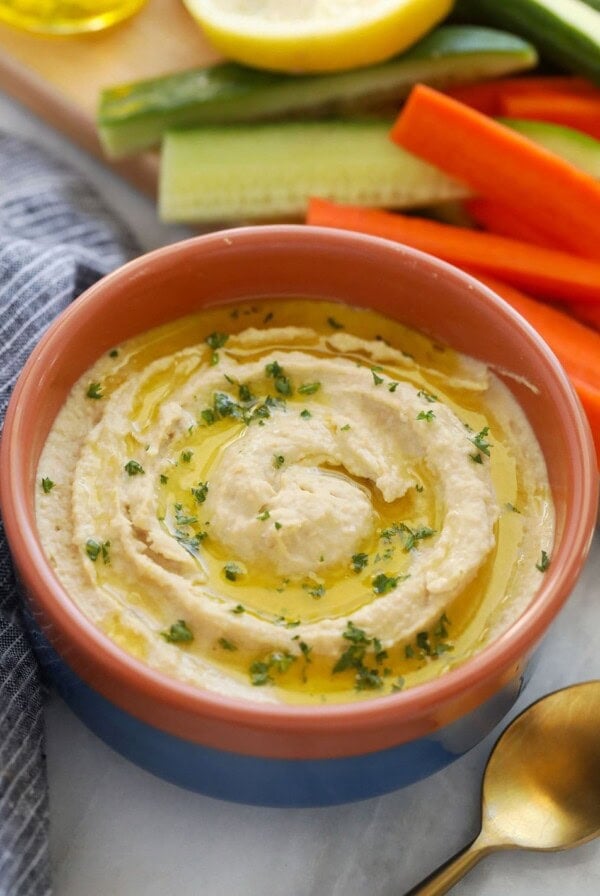 lemon garlic hummus in a bowl