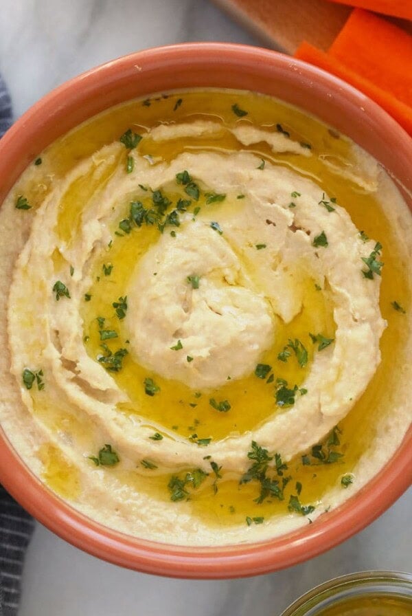 lemon garlic hummus in a bowl