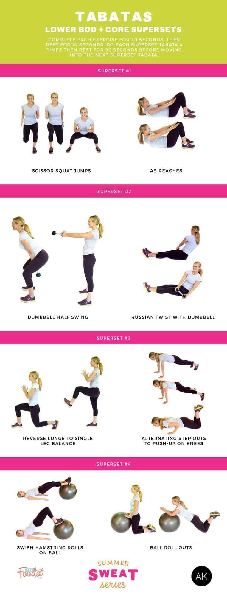 Want a quick yet effective workout? Do tabatas! This workout mixes lower body and core superset exercises and will get your heart pounding!