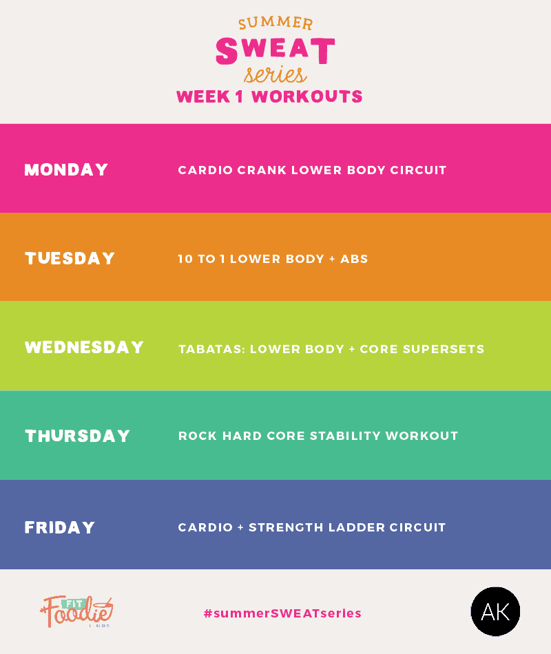 Summer SWEAT Series: Fitness Plan Week 1- here's 5 workouts to get your butt into shape this summer! The theme is cardio + lower body. Play hard and have fun! 