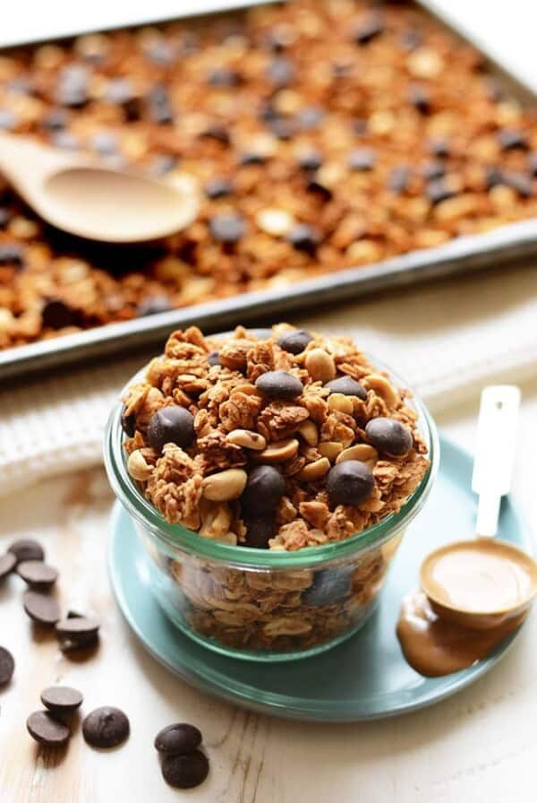 Peanut butter cup granola in a jar.