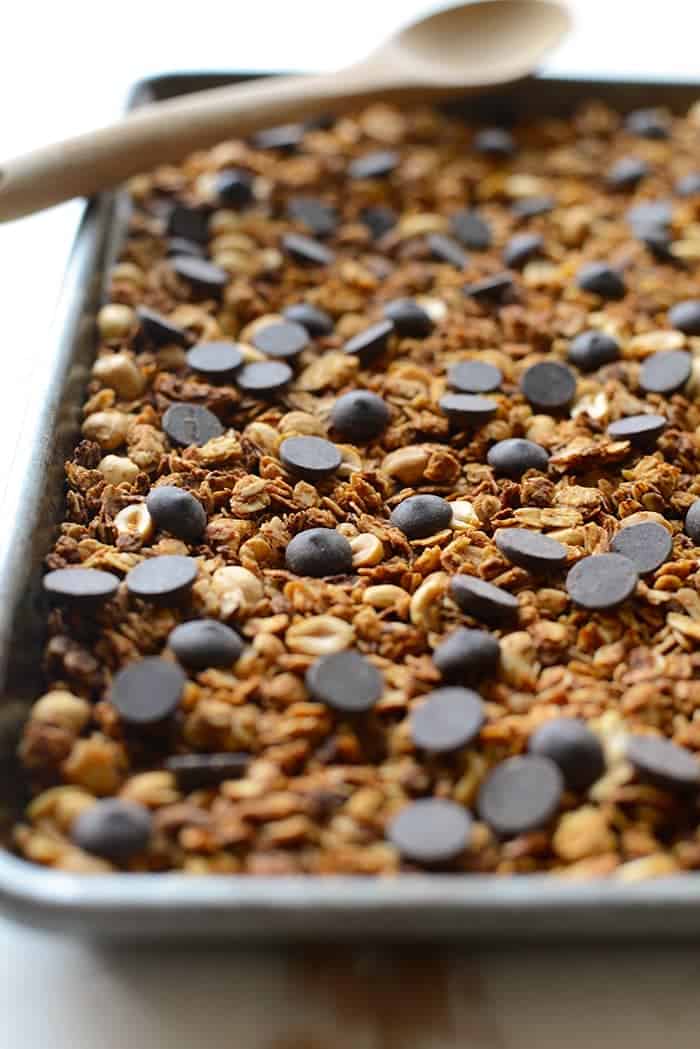 Peanut butter granola on a cookie sheet.