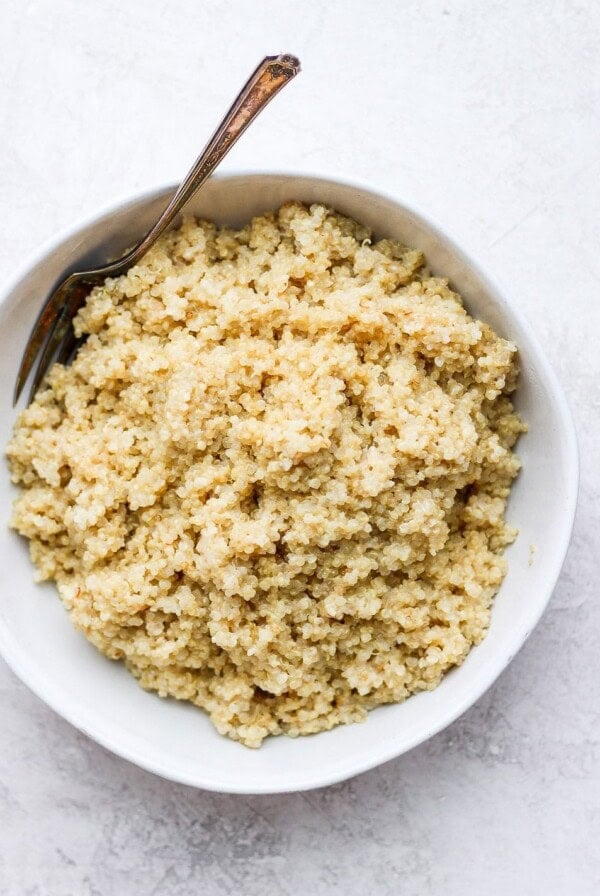 Coconut quinoa in a white bowl.