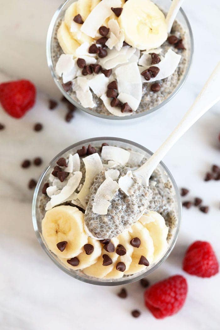 chia seed pudding on a spoon