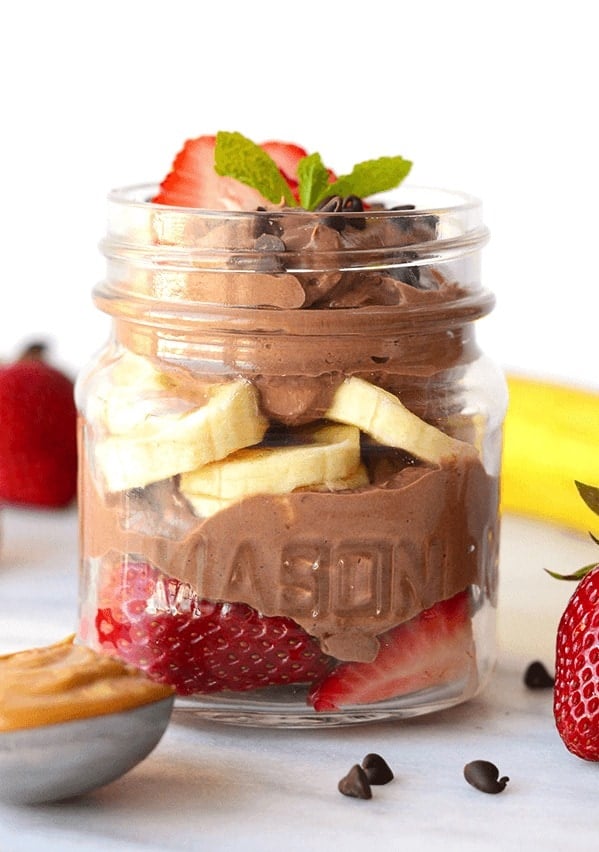 healthy chocolate peanut butter mousse made into a parfait