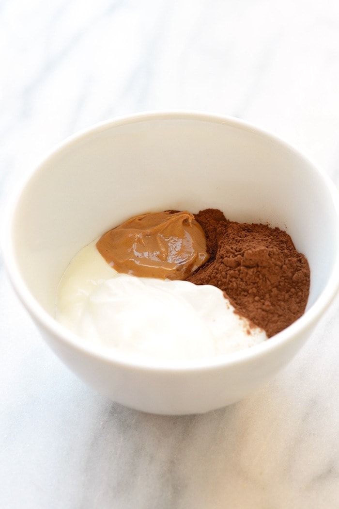 healthy chocolate peanut butter mousse ingredients in a bowl