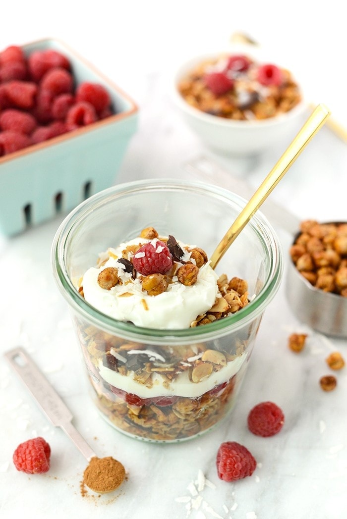 Add a pulse protein boost to your homemade granola and add roasted chickpeas. You will love the crunch they give to this Chocolate Coconut Chickpea Granola.