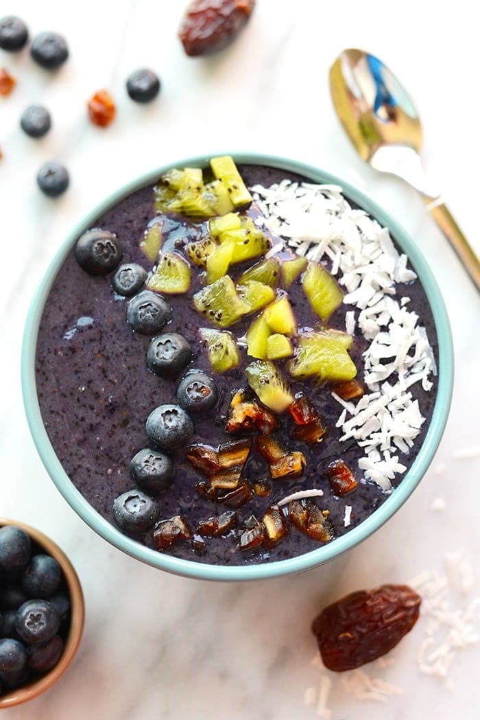 Smoothies are best eaten with a spoon! Make this thick and delicious Blueberry Date Smoothie Bowl and top it with all your favorite things for a quick breakfast or snack! 