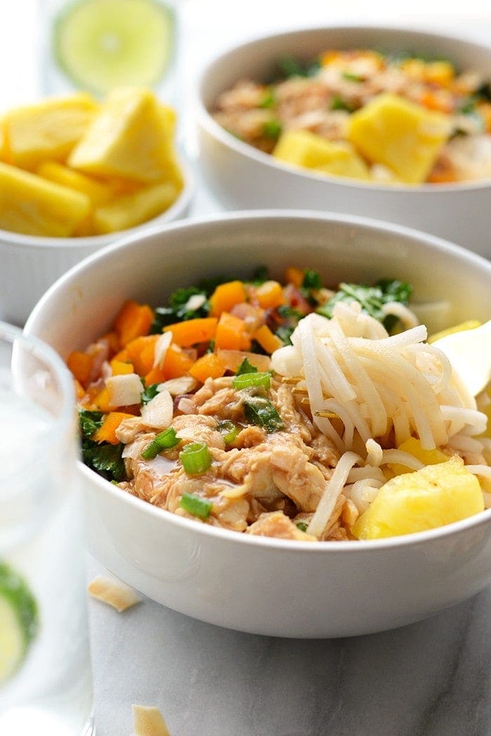 Get your meal prep on with these delicious Hawaiian Chicken Noodles Bowls made with shredded chicken, tons of veggies, and rice noodles!