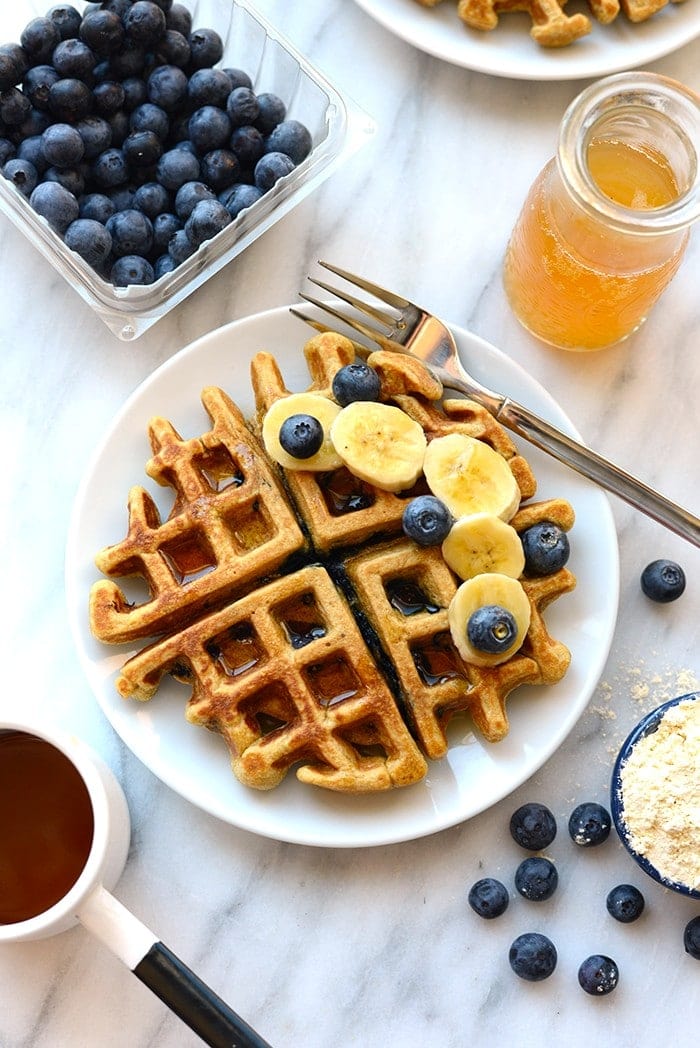 healthy waffle with blueberries and banana slices