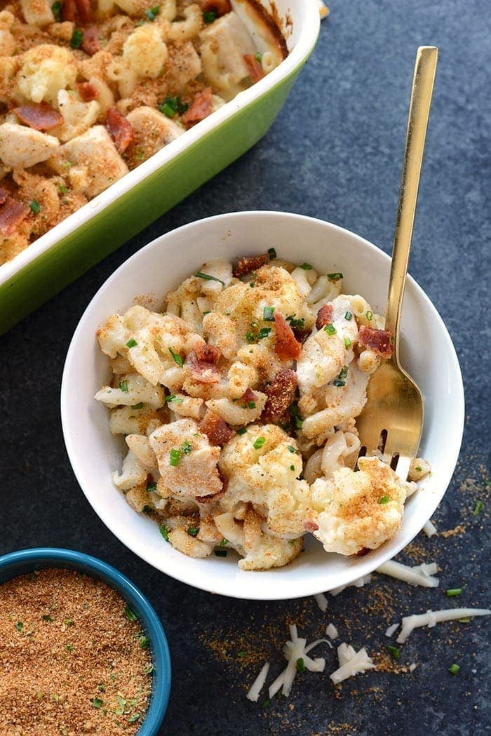 cauliflower chicken mac and cheese in bowl