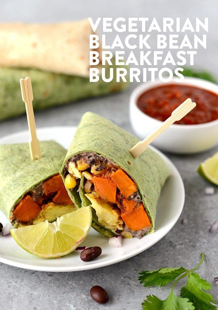 Get your meal prep on and make these Vegetarian Black Bean Breakfast Burritos! They're packed with 16g protein per serving AND they're freezer friendly! 