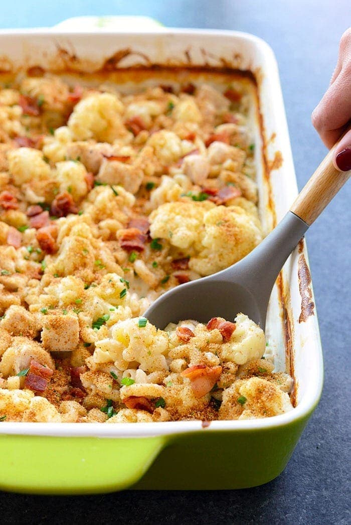 spoon of cauliflower chicken mac and cheese