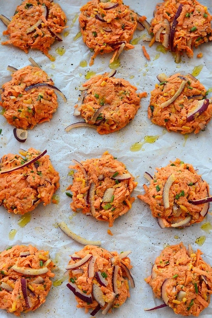 sweet potato hash browns fritters ready to be baked