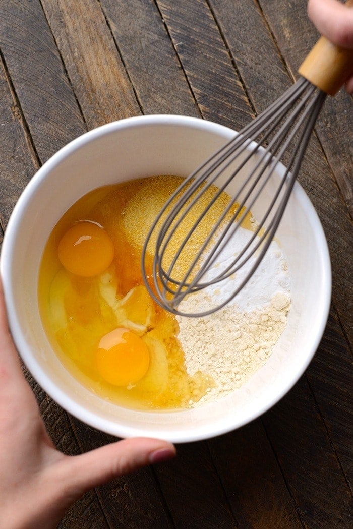 cornmeal whole wheat pancake batter in a bowl