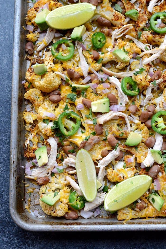 roasted cauliflower nachos in pan