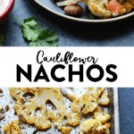 Cauliflower guacamole nachos on a baking sheet.