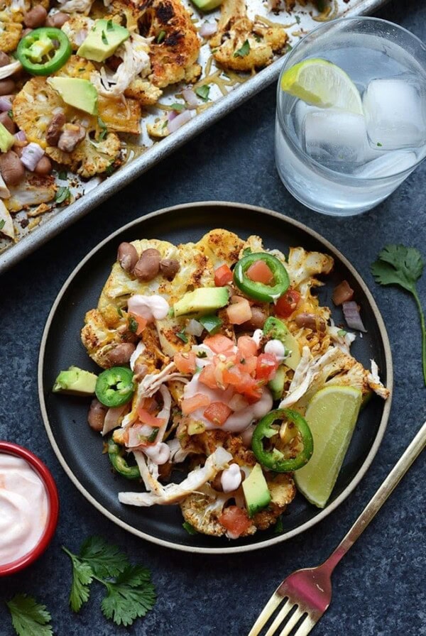 loaded cauliflower nachos on plate