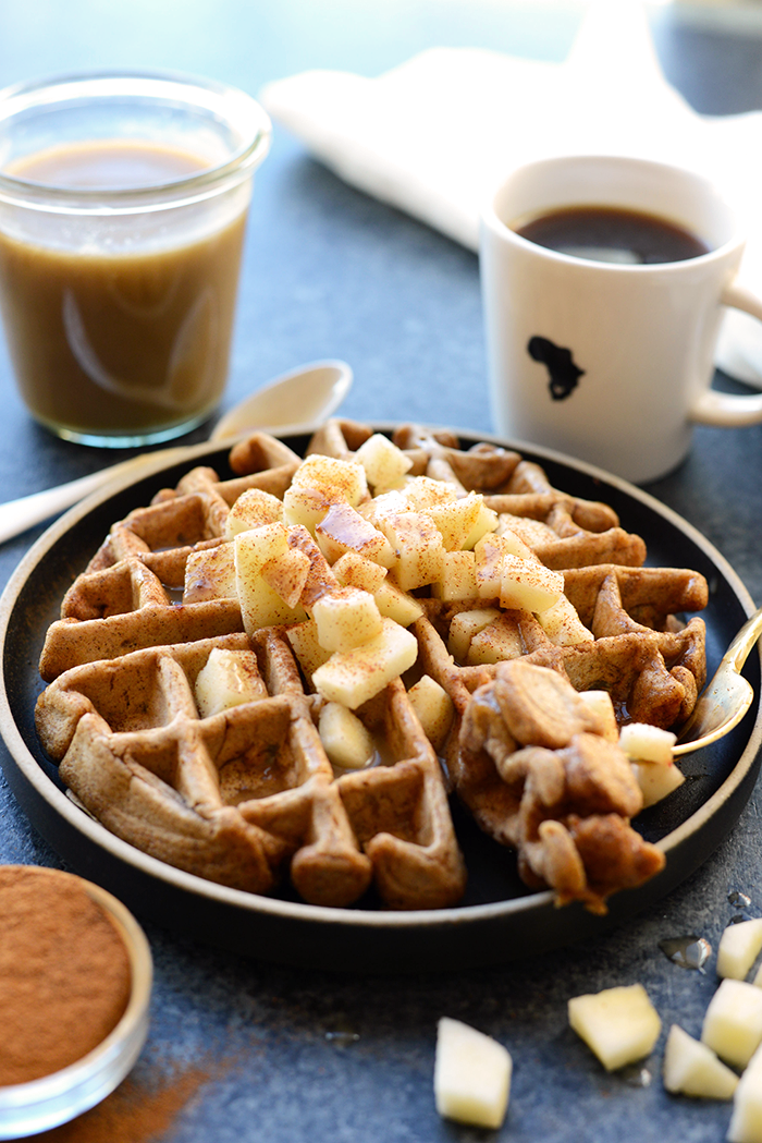 Tis the season of apples and cinnamon! You're going to love these HEALTHY caramel apple cinnamon waffles made with 100% whole wheat flour, apple chunks, tons of cinnamon, and a homemade caramel sauce made from full-fat coconut oil!