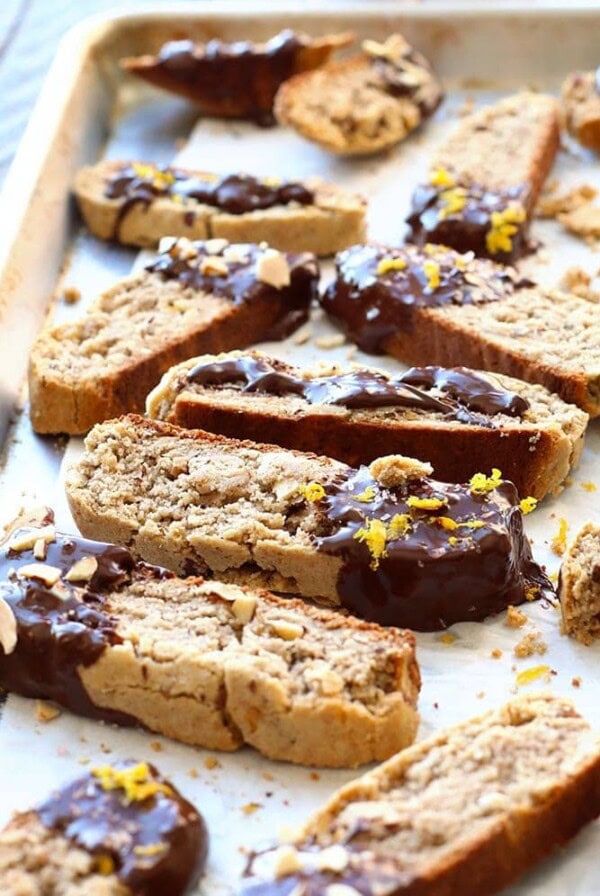 Gluten-free almond biscotti with chocolate and lemon.